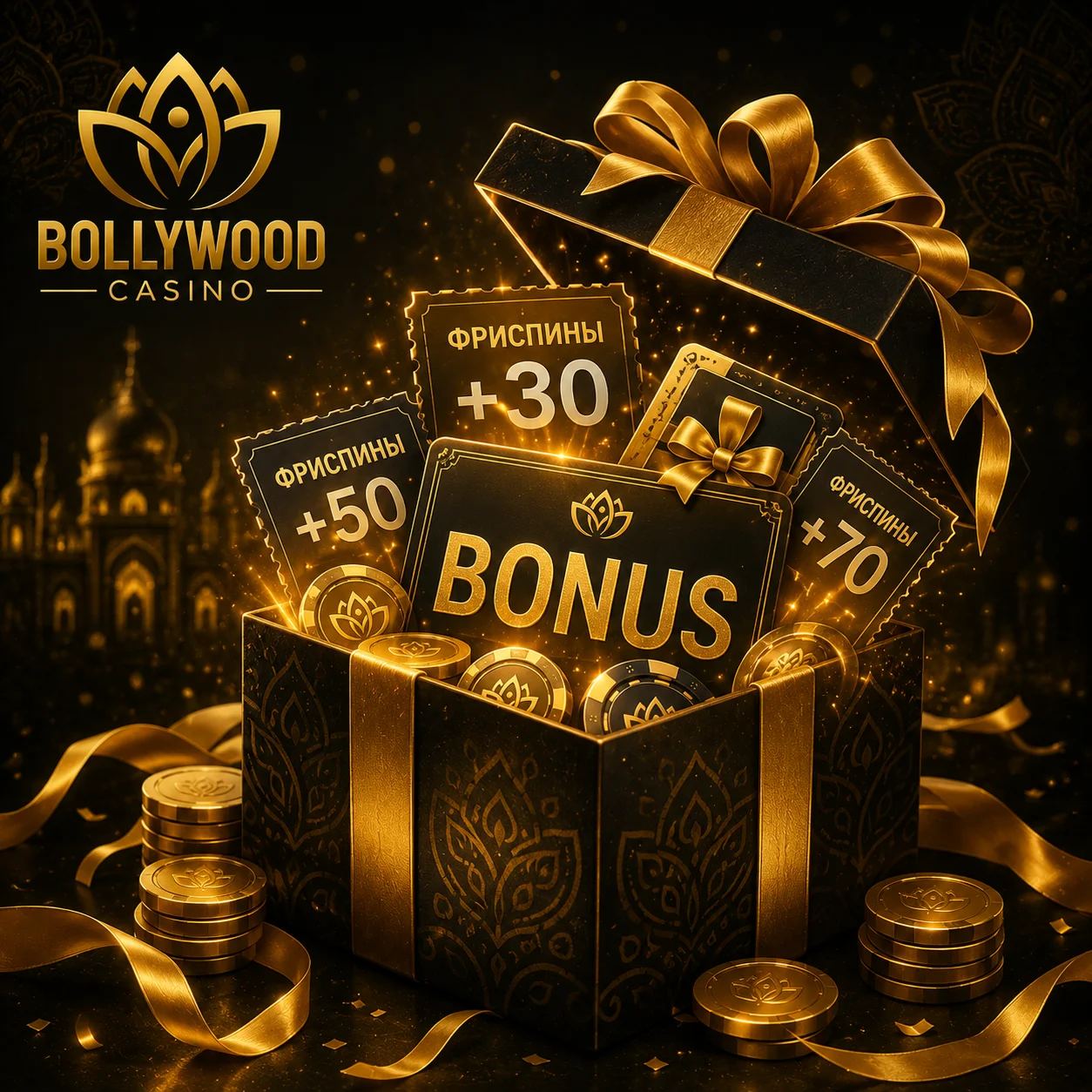 Подарочная коробка с бонусами и фриспинами в Bollywood Casino.