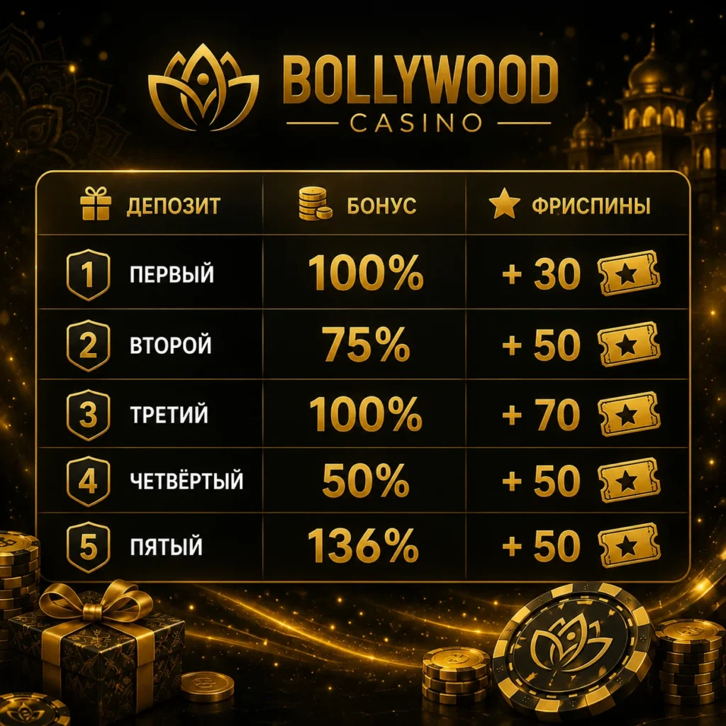 Бонусы за первые пять депозитов в Bollywood Casino.